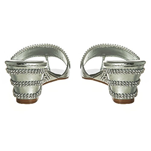 Ladies Womens Low Wedge Diamante Toe Post Shoes Sparkly Mules 6 SILVER