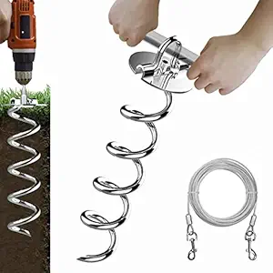 Eurmax 16inch Up to 500lbs Spiral Dog Tie Out Stakes Spiral Ground Anchor Stake with Dog Tie Out Cable Ideal for All Kinds of Pets(Silver)