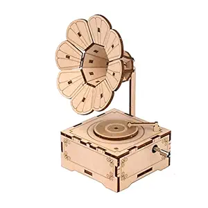 Negaor Retro Phonograph 3D Wooden Puzzle Hand Crank Music Box Vintage Gramophone DIY Assembly Craft Model Kit Home Decoration Educational Gift for Birtays Christmas Holiday for Students Boys Girls Ad