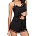 Produktbild Bibao Damen Bobydoll Sexy Seide Dessous Floral Print Set Tiefer V-Ausschnitt Tank Top + Shorts Spitzenbesatz Satin Pyjama Sets Homewear Alltag Bequeme Kleidung Set, L, Black_F, 43453