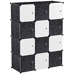 PREMAG Armoire Portable DIY, Penderie avec Portes, Tige Suspendue, Construction Solide pour Vêtements, Chaussures, Accessoires, Conception de Motif de Frisé, Noir et Blanc (12-Cube)