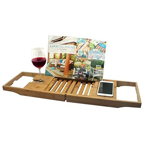 Preisvergleich Produktbild Emanhu Trading Verstellbares Bambus Badewannen Tablett Badewannen Badewannenbrücke Wannenauflage Weinglashalter Handyablage Buchstütze (ca. 70–104,5 x 4 x 22 cm)