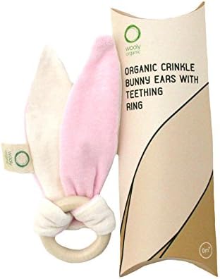 Wooly Organic Crinkle Bunny Ears with Natural Maple Wood Teething Ring (Pink)