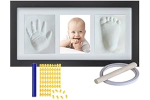 AQSACOKIYA Kit Empreinte Bebe, Kit Empreinte Pieds et Mains Bébé, Cadre Empreintes Bébé Nouveau né Garcon & Filles - Argile Blanche Non Toxique, Cadre Photo Kit Bébé en Bois pour Liste de Naissance Bébé (Noir)