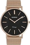 Oozoo Vintage Herrenuhr mit massivem grobmaschigem Edelstahl Milanaise Metallband 44 MM Rosefarben/Schwarz C9924