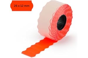 Pokornys| Etiquetas autoadhesivas para etiquetadoras | 9000 etiquetas para marcar precios, fecha de caducidad, número de artículos y mucho más | Rojas, borde ondulado y dimensiones de 25x12 mm
