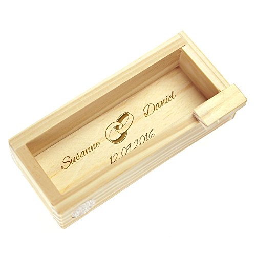 Magische Geschenkbox zur Hochzeit – personalisiert mit Namen und Gravur – Trickkiste für Geldgeschenke – Knobelspiel – Verpackung für Hochzeitsgeschenke – Motiv Ringe – hell – 10,5 x 6,5 x 4 cm - 3