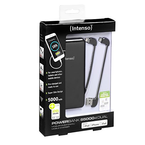 Intenso 7335520 Powerbank S5000-i Dual Slim externes Ladegerät (5000mAh, für Smartphone/Tablet PC/MP3 Player/Digitalkamera/Apple iPhone/iPad) inkl. Apple Lightning Kabel schwarz - 5