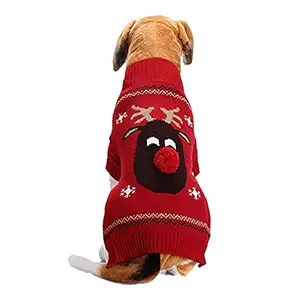 KUTKUT Red Nosed Reindeer Stretchable Knitted Warm Turtleneck Winter Warm Sweater for Small Dogs (Size: L, Back Length: 39 cm, Chest: 44 cm, Neck: 38 cm)