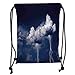 Produktbild Drawstring Backpacks Bags,Nature,Large Vivid Rain Clouds with Storm Blasts and Lightning Strikes Power Danger Image,White Blue Soft Satin,5 Liter Capacity,Adjustable String Closure