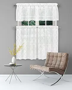 HOME MAISON - Devyn Geometric Kitchen Window Curtain Tier Valance Set, 2 28 X 36 Inch2 | 1 56 X 15 Inch, White