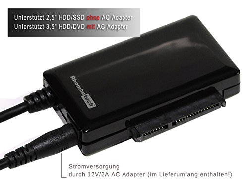 RHOMBUTECH® – AKTIV USB 3.0 zu SATA Adapter – Konverter für 2.5/3.5/5,25 Zoll SATA HDD/SSD/DVD-Laufwerke – USB 3.0 – SATA 3 – mit 12V 2A Netzteil für 3,5/5,25 Zoll HDD/DVD Laufwerke - 6
