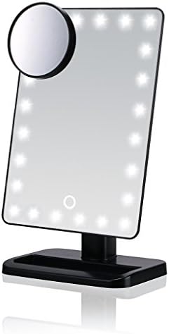 Makeup Mirror with 20 Bright LEDs, Vanity Mirror with Touch Dimmable Memory Function, Detachable 10X Magnification Spot Mirror, 180° Swivel Rotation, Portable Convenience and High Definition Clarity Cosmetic Mirror for Tabletop, Bathroom, Bedroom, Travel, Shaving, Dressing (Black)