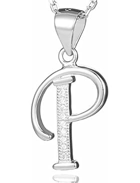 Morella Damen Halskette Silber mit Buchstabe P Anhänger 925 Silber rhodiniert mit Zirkoniasteinen weiß 45 cm