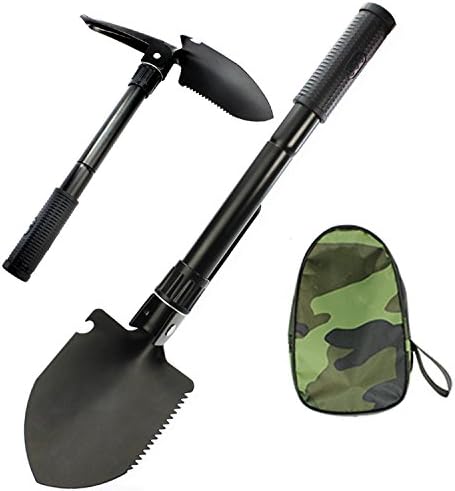 Folding Shovel and Pickax Military Mini Portable with Carrying Pouch Indoor and outdoor Survival Multi tool Tactical Spade for Camping Hiking Backpacking Entrenching, Gardening(Black,16inch)