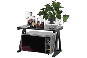 Wakects Mensola per Forno a Microonde, Allungabile Forno a Microonde, in Metallo e Legno, Ripiano della del Forno 2 Livelli Mensola Microonde, 57 * 34 * 36 cm(Nero)