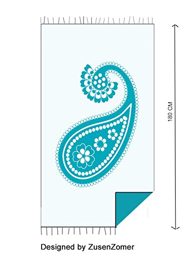 Fouta Hamamtuch xl ‚ZusenZomer‘ | Design – außergewöhnlich – schön und fällt somit an jedem Strand auf | Dieses Hamam Badetuch / Strandtuch ist schön groß, trotzdem dünn | 100x185cm | hochwertige Qualität 100% Baumwolle. (Meeresgrün mit Paisley) - 5