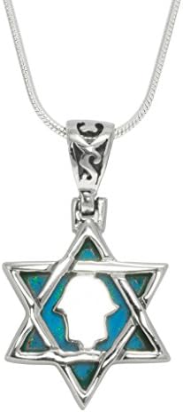 925 Sterling Silver Star of David Necklace Hamsa Pendant Created Blue Opal Center, 18"