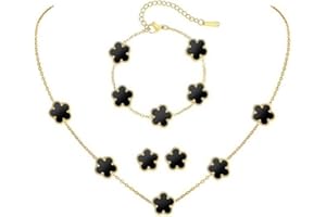 XFSRG Collana Quadrifoglio Parure Gioieili Fortunato Quattro Foglie Placcato Orecchini Bracciali 18k Oro Acciaio inossidabile con Fiore per Donna Ragazze