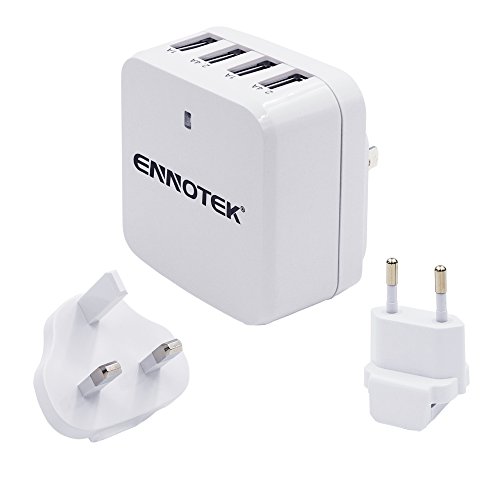 Ennotek caricabatteria USB a 4 porte con connettori intercambiabili UK / EU / US per telefoni cellulari e tablet - Bianco
