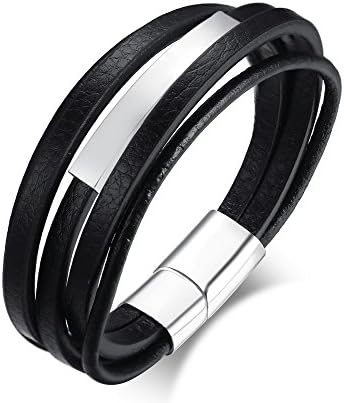 VNOX Stainless Steel Customized Tag Personalised Black Leather Wrap Bracelet for Men,Free Engraving