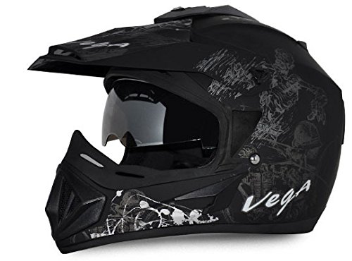 Vega Off Road Sketch ISI Certified Matt Finish Full Face Dual Visor with Peak Helmet for Men and Women Outer Clear Visor and Inner Smoke Sun Visor(Dull Black Silver, Size:L)