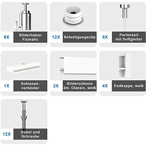 Bilderschienen Galerieschienen Bilderleiste Premium Komplett-Set 4m weiß - 2