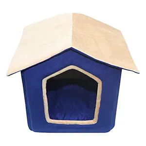 Hiputee Foldable Velvet Fabric Dual Color House/Hut for Dogs & Cats Length 45 cm Width 48 cm Height 53 cm (M, Blue-Cream)