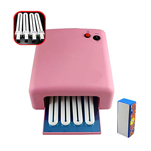 PMS 36W Pink UV Lamp Light Shallec Gel Curing Nail Dryer with 9W Blubs + Nail buffing blockIdeal Ideal for CND Shellac, OPI, Bluesky, Nail Vanish