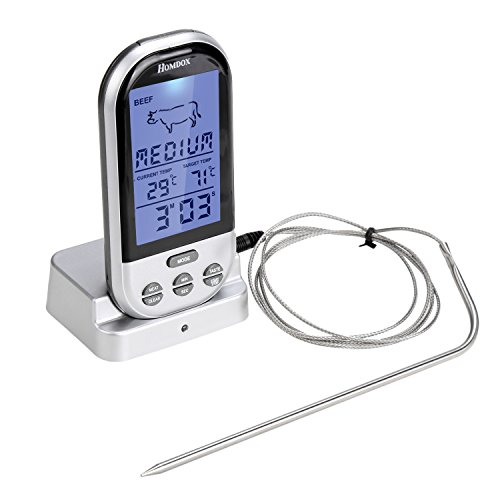 Homdox Wireless Bratenthermometer Digital, Zeitmesser Voreingestellten, Grillthermometer Fleischthermometer für Kochen BBQ Grill Steak Braten Barbecue Lebensmittel Großes LCD-Display Silber