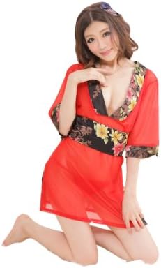 CCBunnyHOT Sexy Lingerie Japan Kimono See-through Red Babydoll Women's Underwear Sleepwear Bathrobe+Waistband+G-string H02
