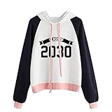 iHENGH Sweatshirt, Damen Raglan Hoodie Print 2030 Sweatshirt Langen Ärmel Pullover Tops Bluse S-3XL