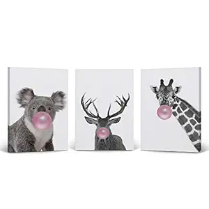 Reindeer Koala Giraffe Animal Bubble Gum Art 3 Panel Canvas Print Set Pink Gum Black and White Wall Art Nursery Decor Baby Room Boy Girl Kids Room - Stretched Ready to Hang Handmade in USA- 22x15