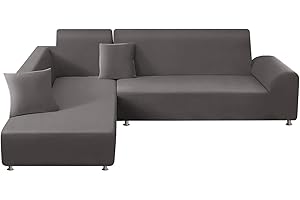 ShowyLive Copridivano Universale con Penisola Elasticizzato A Sinistra Destra con 2 Federi, Chaise Longue Fodere Divano Penisola Angolare Forma di L (2 Posti+2 Posti, Grigio Scuro)