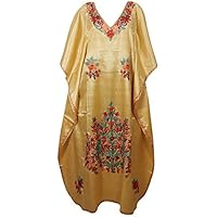 Women Kaftan Dress Silk Embellished Beige Kimono Sleeve Caftan 3XL