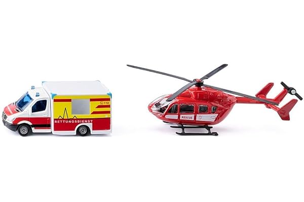 siku 1748, räddningstjänstset, räddningshelikopter och Mercedes Benz ambulans, leksak för barn, metall/plast, röd/vit, roterande rotorer