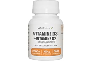 HERBAMOUR VITAMINE D3 K2 (Stock Pour 1 an et 4 Mois) 500 Micro-Comprimés Haute Dose et Absorption I Vitamine D3 de 50 μg de 2.000 U.I. + Vitamine K2 de 100 μg | Sans Gluten, Lactose, Sucres et Soja
