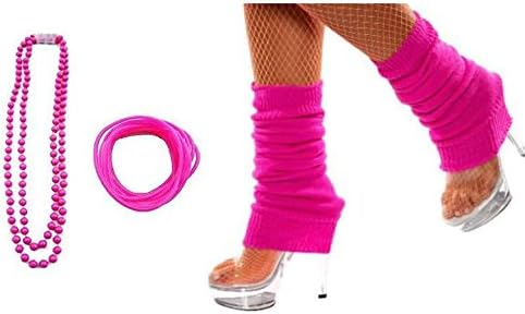 (RB Fashions Clothing)Neon Fancy Dress Three Piece Set Bead Necklace, Legwarmers and Gummy Bangles Set 1980's Hen Night Summer ParkLife (Pink)