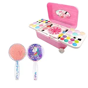 VikriDA Combo Set of Hair Comb Kids Brush with Pink Cosmetic and Real Makeup Palette with Mirror kit with Trolley for Kids