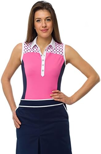 Ludovica Women's Colour Block Golf Shirt, Sleeveless, Advanced Piquet Material with Geoprint
