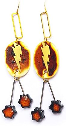 Lightning Bolt earrings dangle Thunderbolt Strike Flash and Stars - Orange Gold - Quirky gifts for her