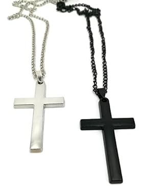2er Set Kreuz mit Halskette in Schwarz und Silber, Edelstahl, Schmuck Damen Herren Kinder, Kette mit Kreuzanhänger