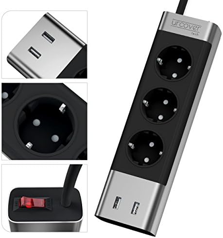 UrCover® Electric USB Multi Socket with Switch and Universal Triple with Lightning Protection | Aluminium | Silver | Compatible With Phone Charger black black / grey