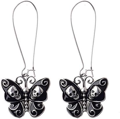 Juily Women Vintage Fashion Butterfly Black Enameled Gothic Skull Punk Earring Long Drop Dangle Party Dress Hook Earrings Jewelry