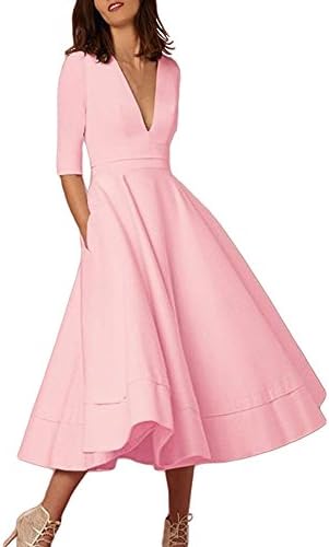 WINWINTOM Long Ball Gown Prom Ladies Evening Party Swing Dress, Mid-Calf Evening Dresses For Women, Elegant Swing Dress,Half Sleeve High Waist Dress,V Neck Dresses For Women (Pink, XL/Bust:37.8")