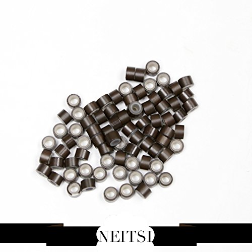 Neitsi® 5mm Silicone Lined Micro Rings Links Beads Linkies for I Bonded Tipped Hair Extensions (500, Dark Brown#)