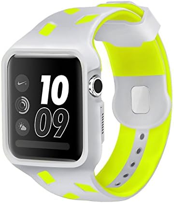 For Apple Watch Strap with Case, 42mm iWatch Band Soft TPU Replacement Apple Watch Straps with Protective Case for Series 3/2/1, Nike +, Sport, Edition(Sliver and Yellow M/L Size)