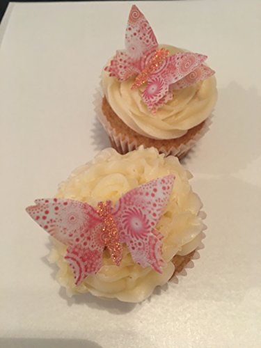 12 vorgeschnittenen handgefertigt Pink & Coral Swirl 3D Effekt Glitzer Body Schmetterling Essbar Wafer Papier Kuchen Topper Dekorationen - 3