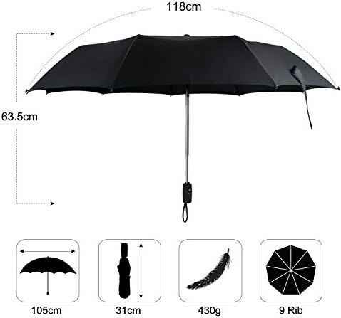 MYCARBON Black Automatic Umbrella Compact Windproof Folding Umbrella Teflon Business Umbrella Fast Drying Auto Open Close Travel Umbrella for Men and Women