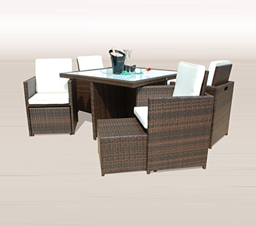 Gartenmöbel PolyRattan Essgruppe Tisch mit 4 x Stuhl & 4 Hocker DEUTSCHE MARKE -- EIGNENE PRODUKTION Garten Möbel incl. Glas und Sitzkissen Ragnarök Möbeldesign braun Rattan